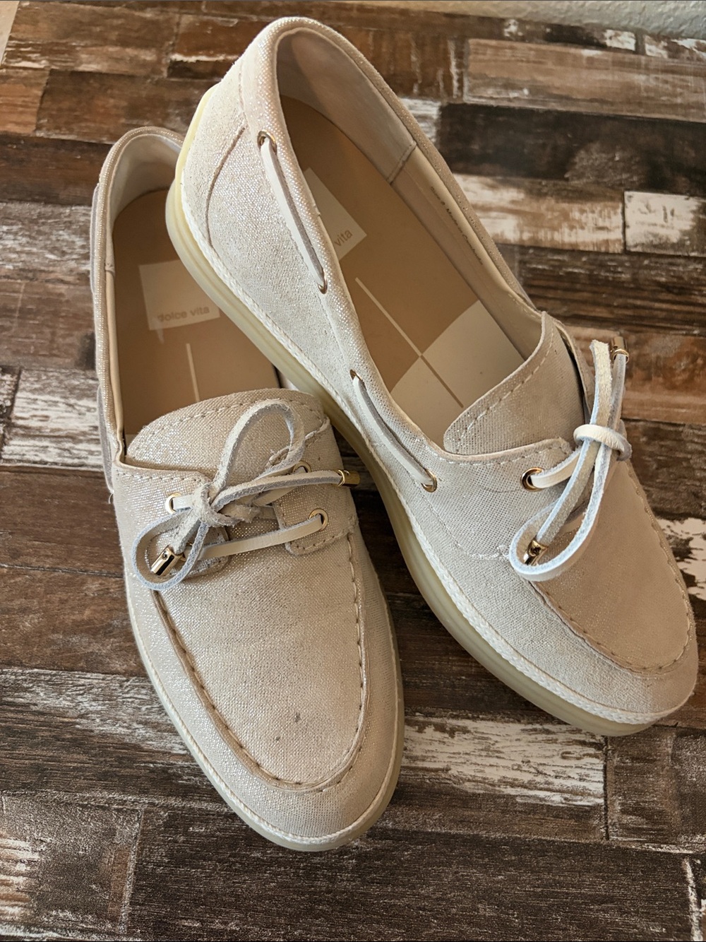 Dolce Vita Beige Canvas Moc-Toe Boat Loafers